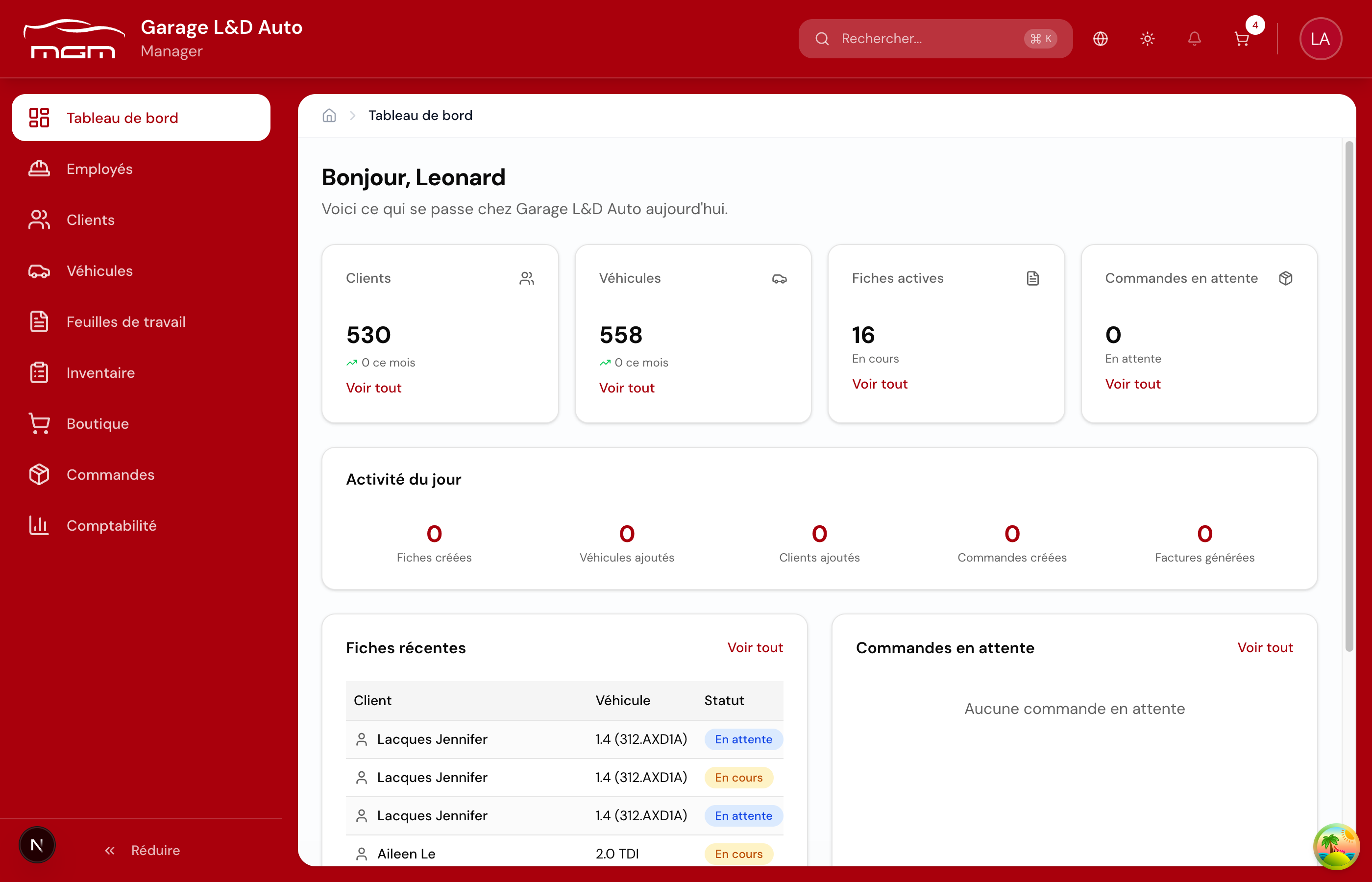 My Garage Manager - Tableau de bord